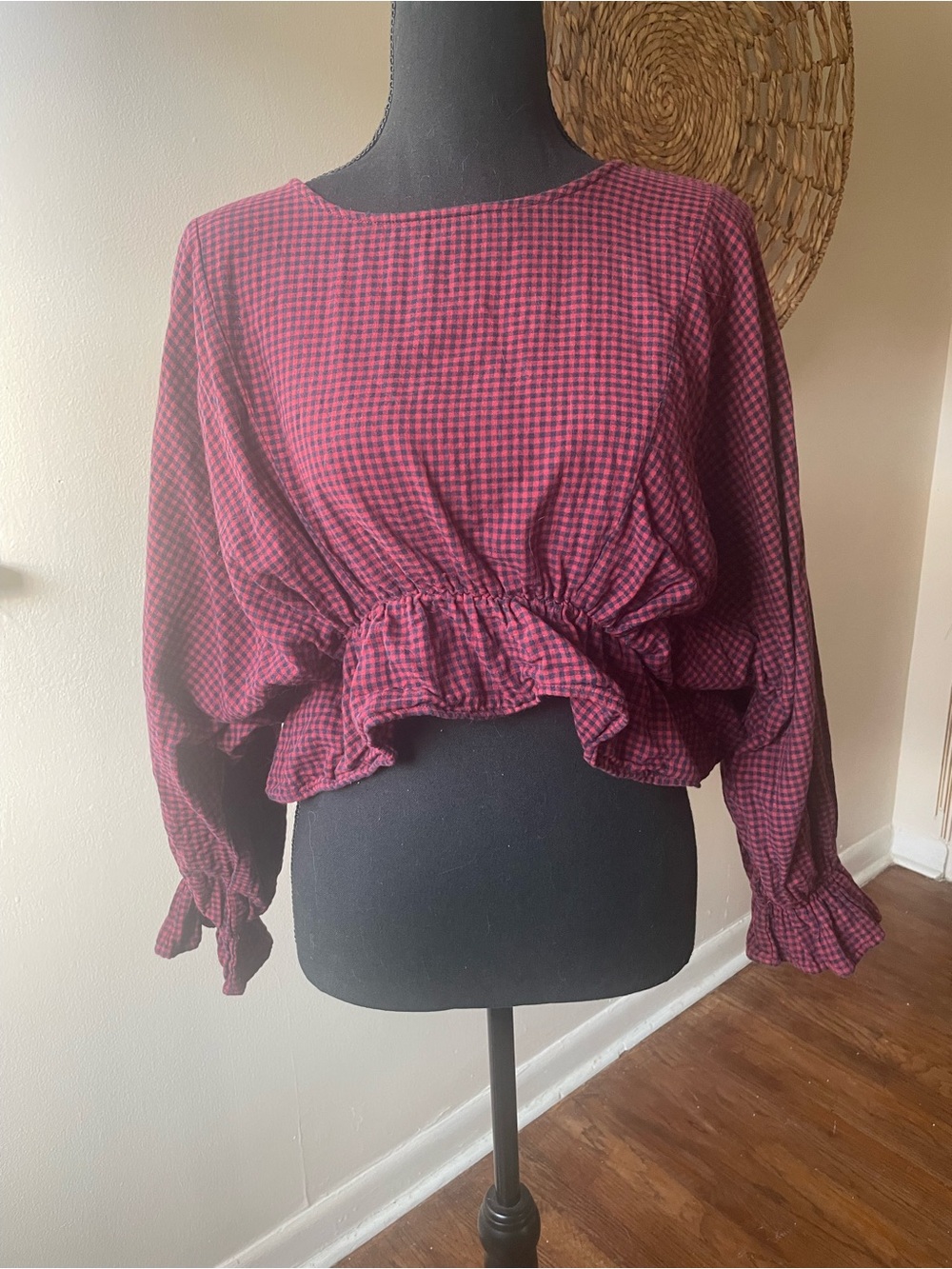 Forever 21 Burgundy Gingham Smocked Ruffle Hem Blouse